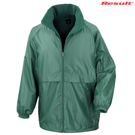 A green rain jacket with a zippered front and elastic cuffs, featuring a collar and a branding logo.