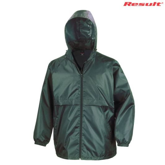 A green windcheater jacket with a hood, featuring elastic cuffs and a logo on the upper right.