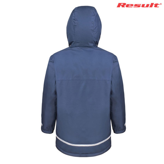 A navy blue winter parka featuring a hood and reflective detailing, with a logo on the upper corner.