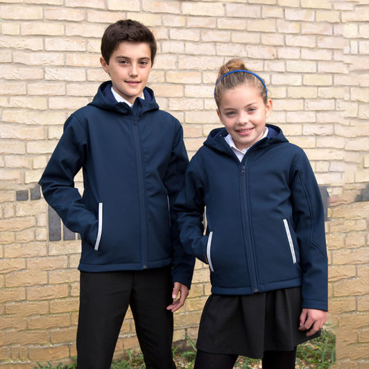 A navy blue softshell jacket with a hood, worn by a boy and girl, featuring zippered pockets and a logo.