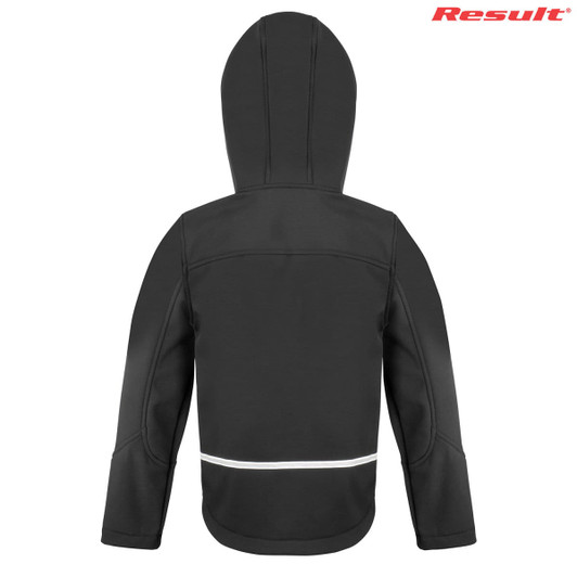 A black youth softshell jacket with a hood and reflective strip at the back, featuring a logo.