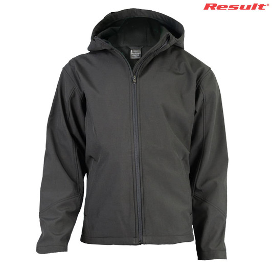 A black softshell jacket with a hood and zippered front. It features long sleeves and has a logo on it.