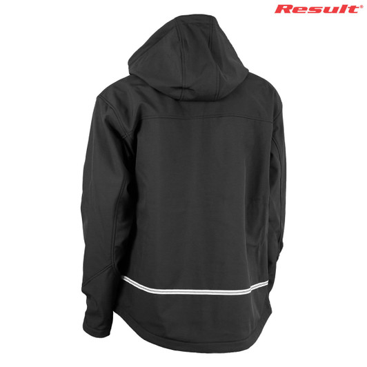 A black softshell jacket with a hood featuring a logo and a white trim at the bottom.