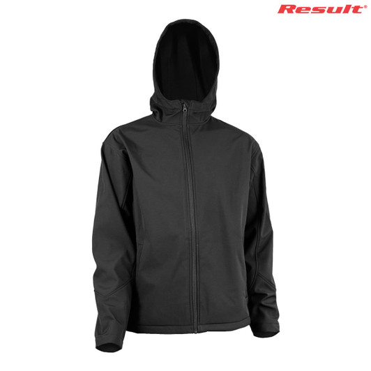 A black softshell jacket with a hood and front zipper, featuring a logo.