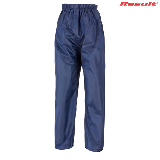 Navy blue youth rain trousers with an elastic waistband, featuring a logo. Suitable for outdoor activities.
