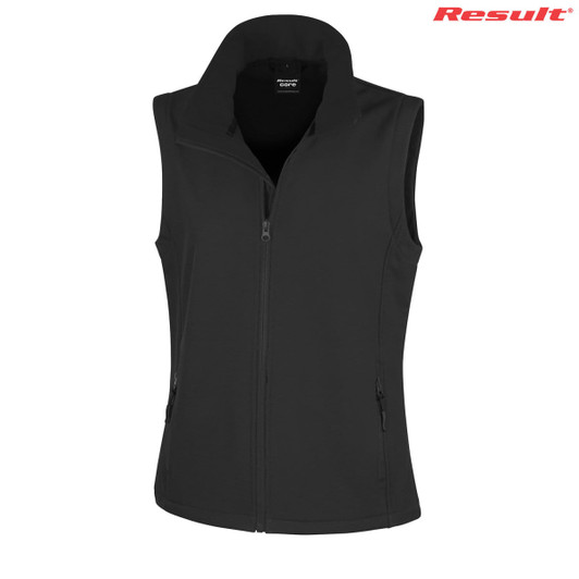A black ladies' softshell vest with a zippered front and side pockets, featuring a brand logo.