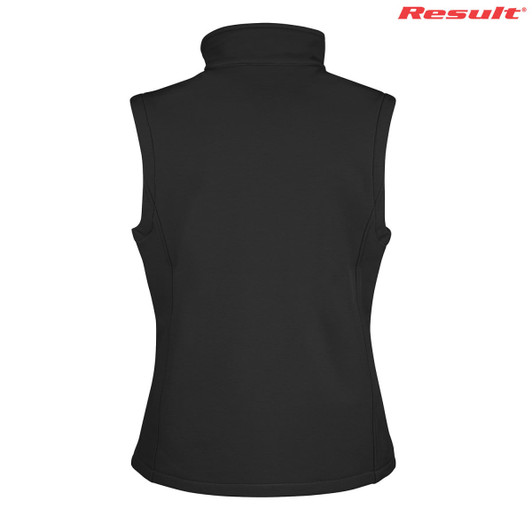 A black ladies' softshell vest featuring a high collar and a smooth back design. It includes a logo on the upper right.