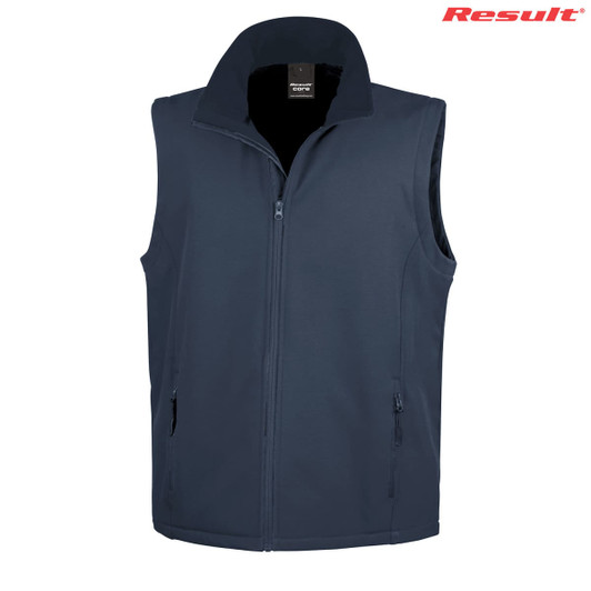 A navy softshell vest with a high collar and zippered pockets, featuring a logo on the upper right corner.