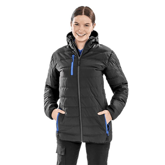 A padded winter jacket in black with blue accents, featuring a hood and zippered pockets.