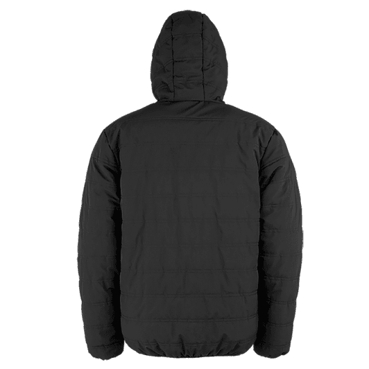 A black padded winter jacket with a hood, featuring a quilted design and a simple back view.