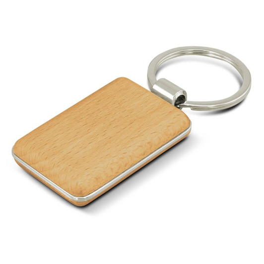 A rectangular key ring with a wooden finish and a metal keychain.
