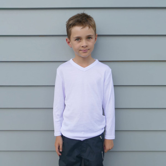 A white long-sleeve v-neck thermal shirt suitable for youth, featuring a simple design and a logo on the garment.