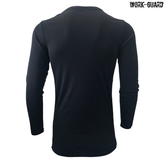 A black long-sleeve thermal work shirt with a V-neck, featuring a logo on the upper right.