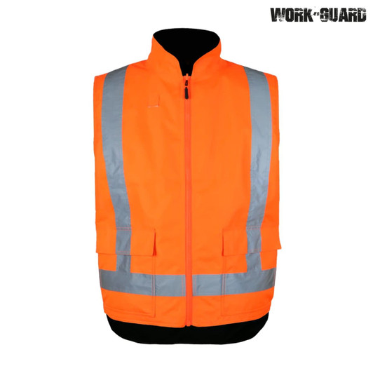 A bright orange reversible fleece-lined safety vest with reflective stripes and a zip closure. Features a logo.