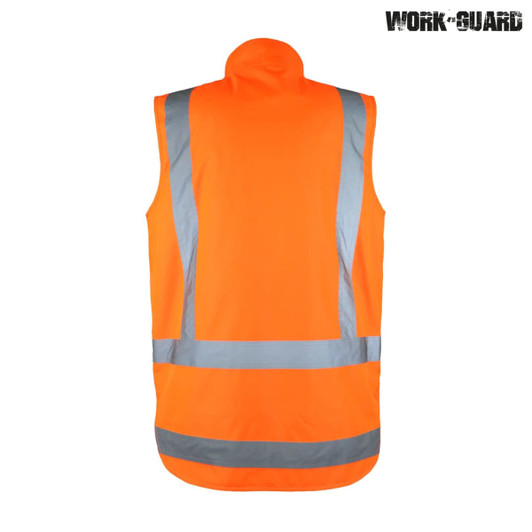 A reversible fleece-lined safety vest in bright orange with reflective stripes and a high collar. Features branding.