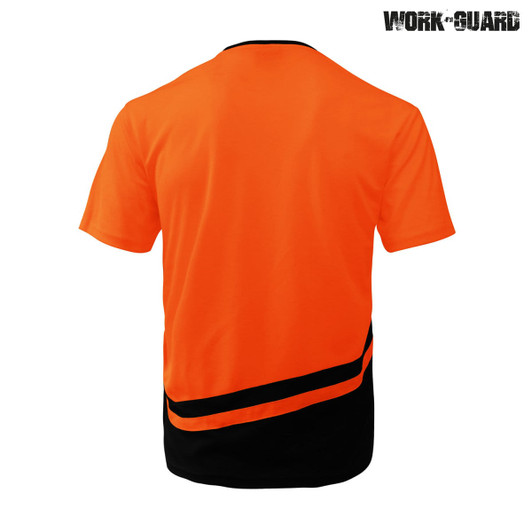 An orange and black work t-shirt featuring a logo, shown from the back view.