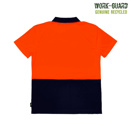 A high visibility polo shirt featuring an orange top half and a navy bottom half, with a logo on the side.