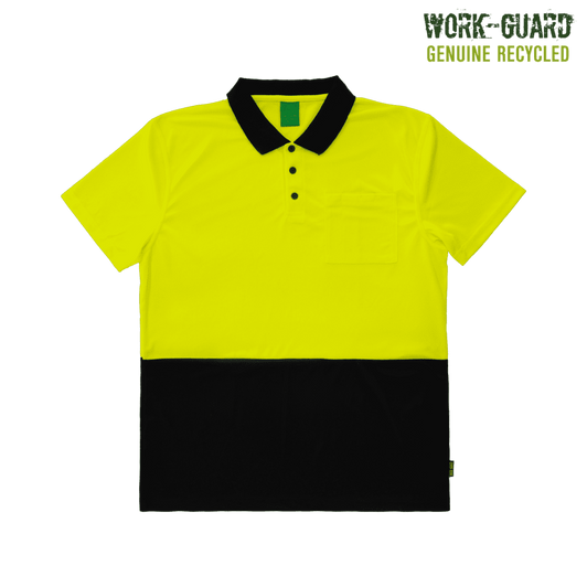 A bright yellow and black short-sleeved polo shirt with a pocket and a logo.