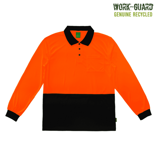 A long-sleeve polo shirt in fluorescent orange with a black bottom section. It features a chest pocket and a logo.