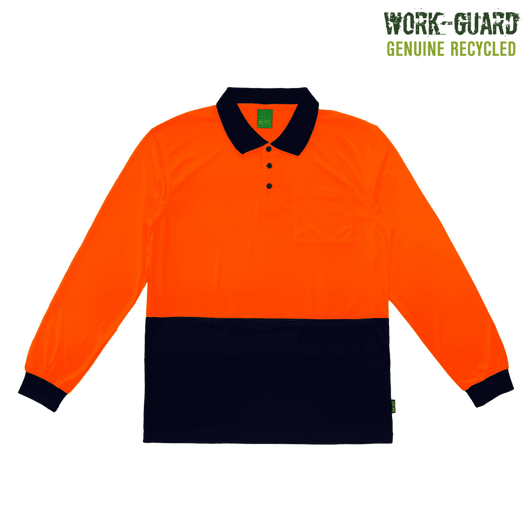 Hi-vis long-sleeve polo shirt in fluorescent orange and navy, featuring a pocket and logo. Made from recycled materials.