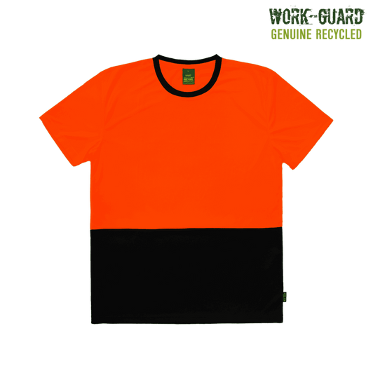 A hi-vis T-shirt featuring a bright orange upper section and a black lower section, with a logo.