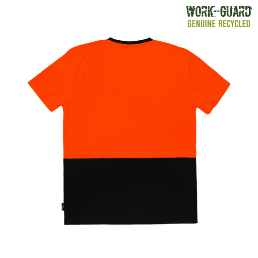Recycled hi-vis T-shirt in vibrant orange and black, featuring a logo on the upper left.
