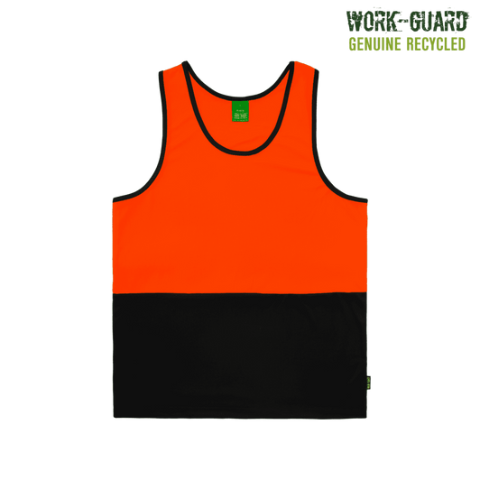 A high-visibility orange and black singlet with a logo, made from recycled materials.