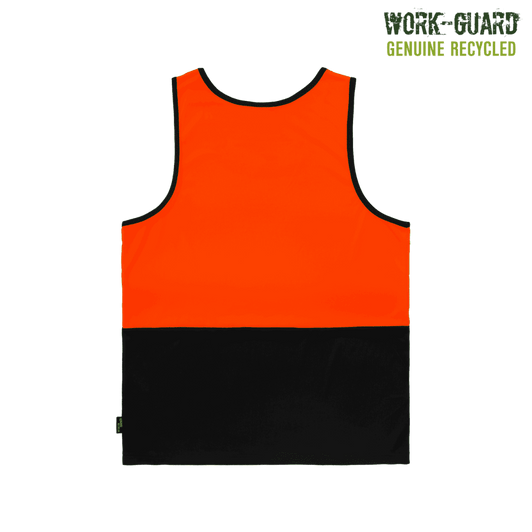 A recycled hi-vis singlet with a bright orange upper section and a black lower section. It features a logo.