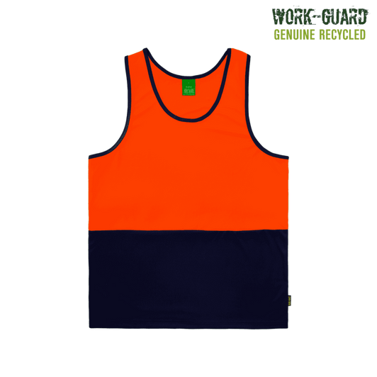 A hi-vis singlet featuring an orange upper section and a navy lower section, with a logo. Made from recycled materials.