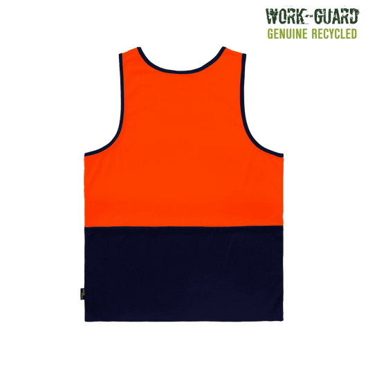 A high visibility singlet in orange and navy, featuring a logo, made from recycled materials.