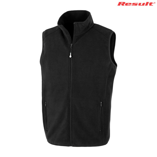 A black recycled fleece polarthermic vest with a zip front and two zippered pockets, featuring a logo.