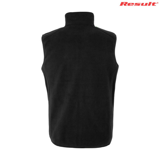 A black recycled fleece polarthermic vest with a high collar, featuring a logo on the upper right.