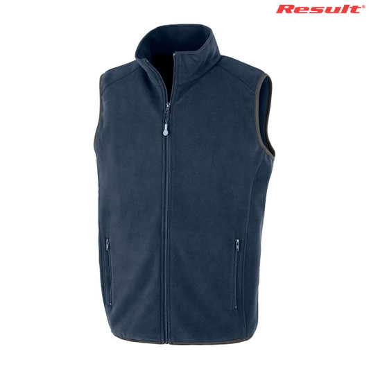 A navy blue fleece polarthermic vest with a zip front and two side pockets, featuring a logo.