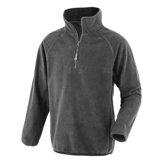 A grey quarter-zip fleece jumper made from recycled PET, featuring a high collar and a logo.