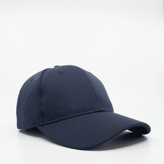 A navy blue 6-panel cap with a breathable mesh design, featuring a logo on the front.