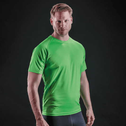 A bright green Adult Impact Performance Aircool T-Shirt with a logo, featuring a fitted design and short sleeves.