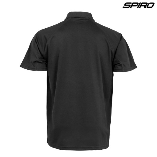 A black polo shirt with a simple design and a collar, featuring a logo on the upper right.