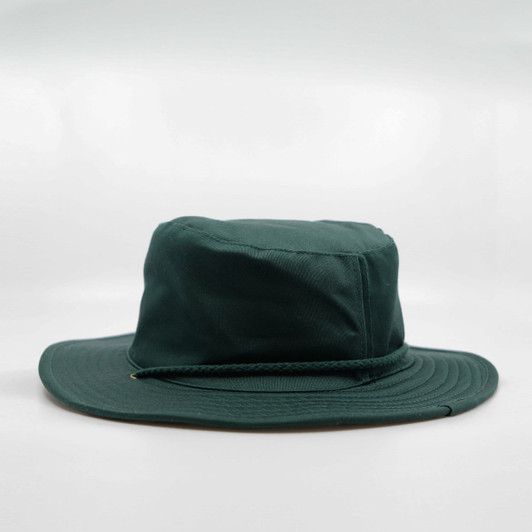 A green wide brim hat with a flat crown and a braided rope band, featuring a logo.