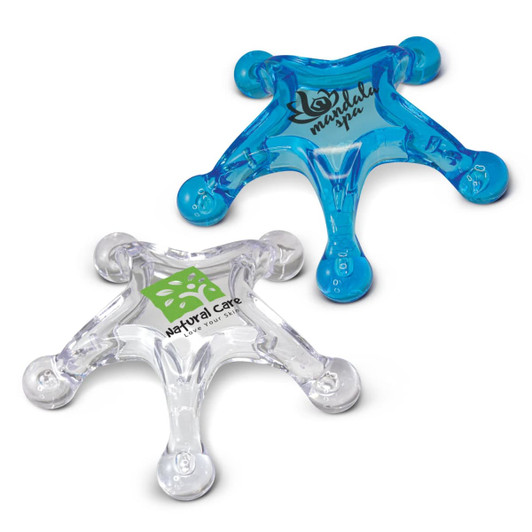 A Star Massager featuring a blue and a clear design, each with a logo on their surface.