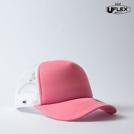 A pink trucker cap with a mesh back, featuring a branded logo on the side.
