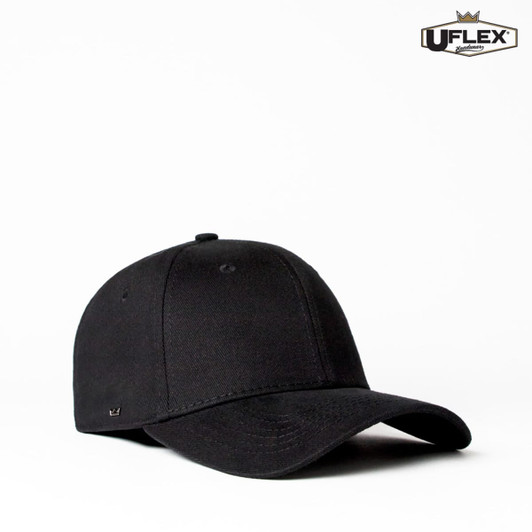 A black fitted cap with six panels and a small logo on the side.