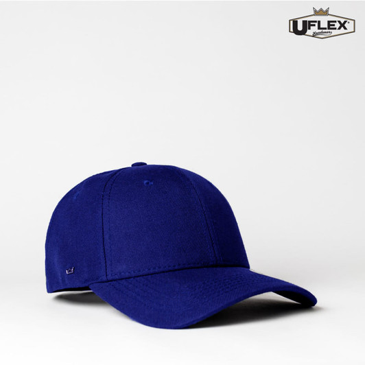 A navy blue six-panel snapback cap featuring a logo on the front. The cap has a structured design.
