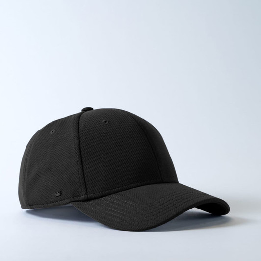 A black recycled polyester cap with a curved brim and a logo on the side.