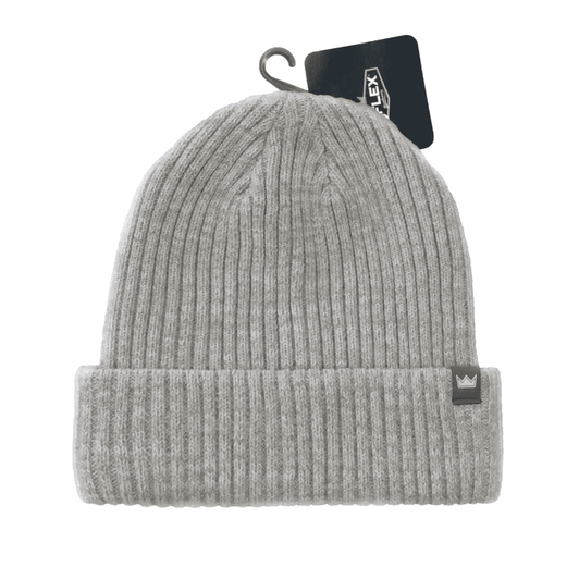 A grey ribbed beanie with a fold-over cuff and a brand tag.