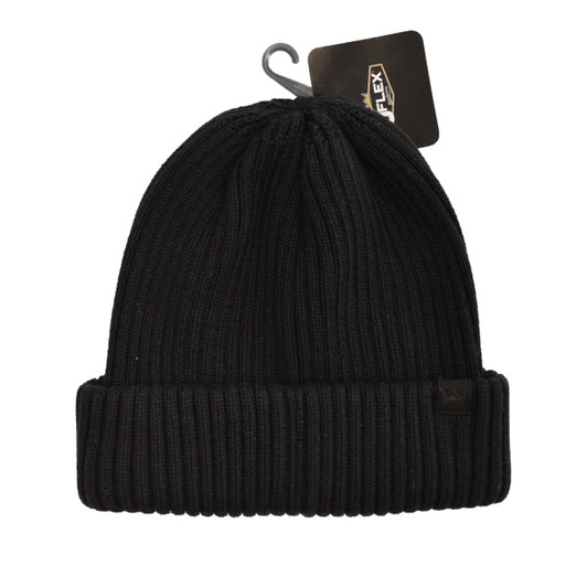 A black Fisherman’s Beanie with a ribbed design and a hang tag. Features a small logo on the side.