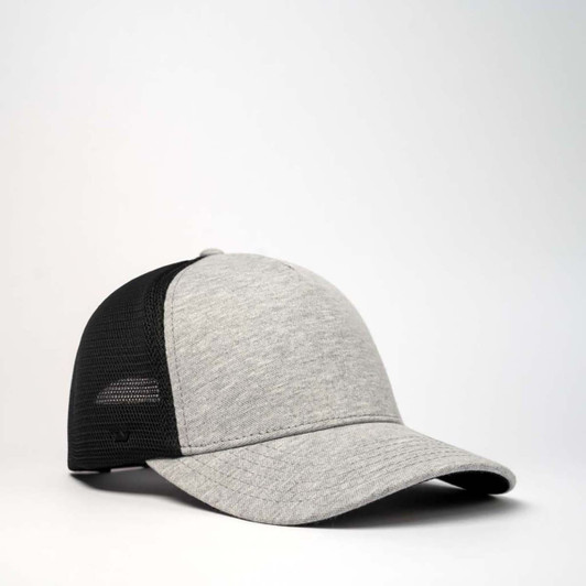 A grey and black trucker cap featuring a mesh back and a curved brim, with a logo on the side.