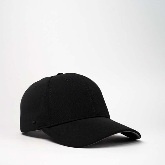 A black recycled cap with a structured design and a curved brim, featuring a logo.