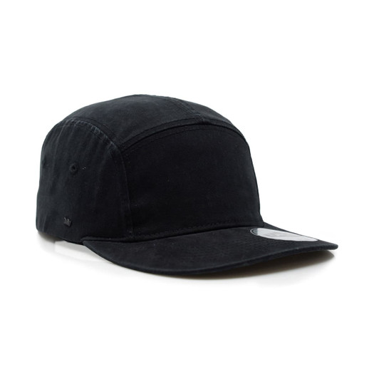 A black washed cotton 5 panel cap with a flat peak and an embroidered logo on the side.