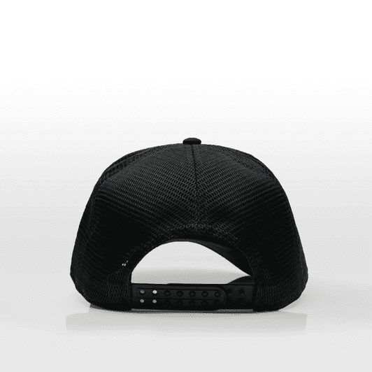 A black trucker cap featuring a mesh back and a plastic adjustable strap. The cap has a logo on the back.