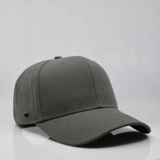 A grey six-panel snapback cap featuring a logo on the side. The cap has a curved brim and a structured design.